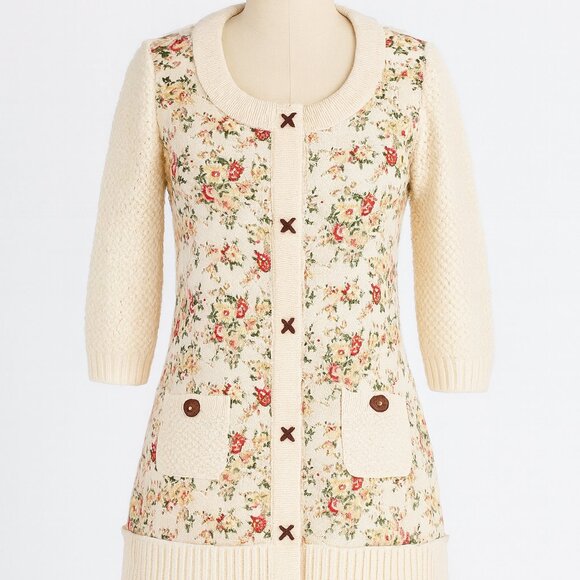 Anthropologie HWR Monogram Cotton Blend Floral Knit Cardigan - Picture 2 of 7